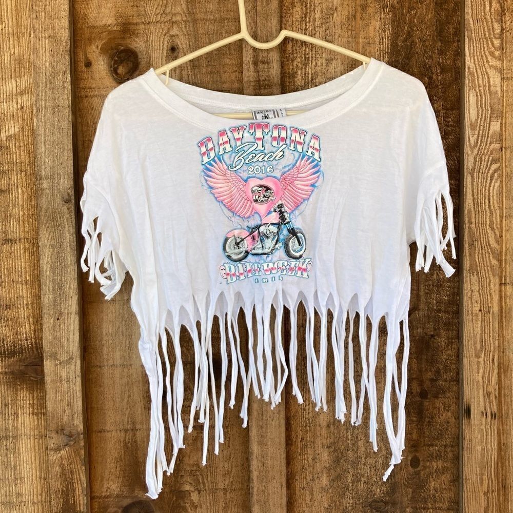 Exist Daytona Beach Bike Week Tasseled Cotton Short Sleeve Crop Top